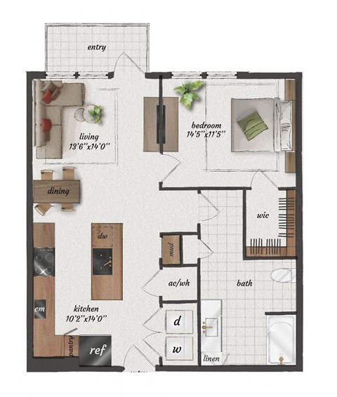 1 bedroom, 1 bathroom, 840 square foot A5A-LW floorplan at St. Elmo Apartments in Austin, TX